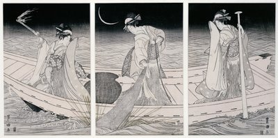 Tres mujeres en un bote pescando a la luz de una lámpara de Utagawa Toyokuni
